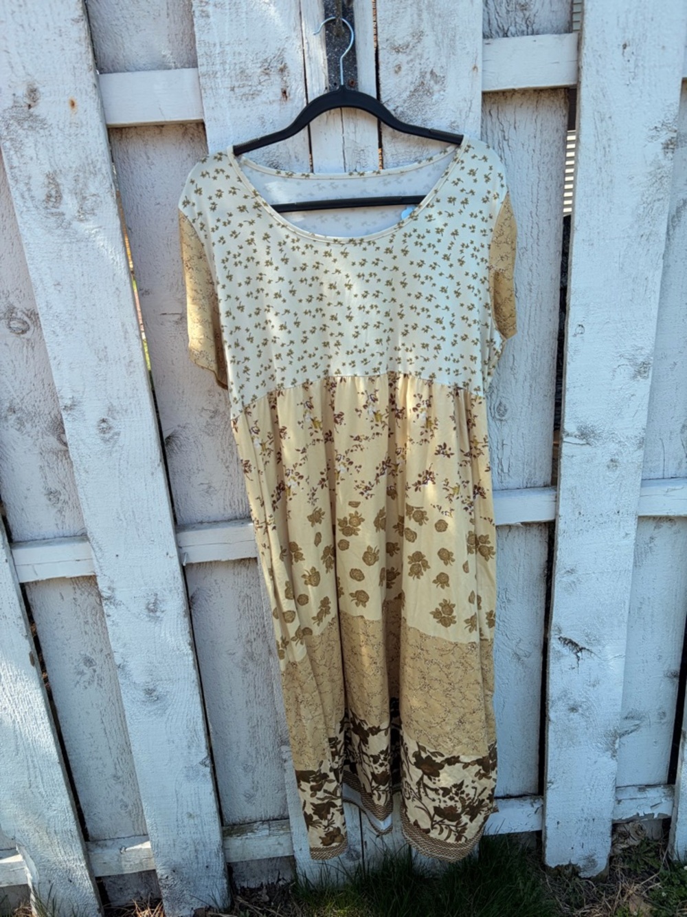 Boho Patchwork Floral Midi Dress in Cream and Tan